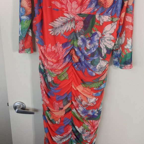 NWOT Red Floral Mesh, Fully Ruched Maxi Dress 3X - Picture 5 of 9
